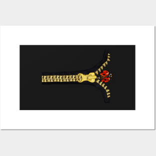 Black with gold zipper and ladybug crawling out Posters and Art